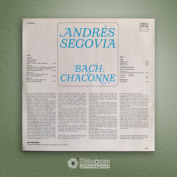  صفحه وینیل آندره سگوویا Bach: Chaconne ⸱ Mendelssohn, Villa-Lobos, Rodrigo – Andrés Segovia 