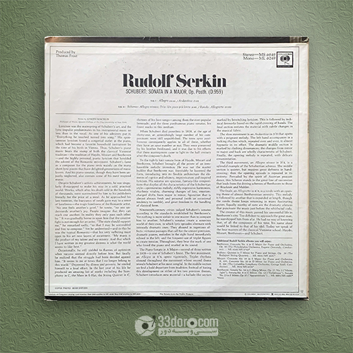  صفحه وینیل شوبرت Rudolf Serkin – Schubert: Piano Sonata In A Major (Opus Posthumous) 