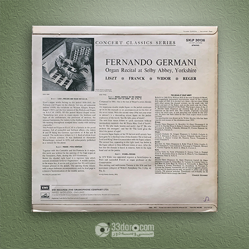  صفحه گرام فرناندو جرمانی Widor ⸱ Franck ⸱ Liszt ⸱ Reger – Fernando Germani At The Organ Of Selby Abbey 