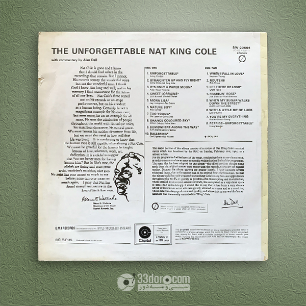  صفحه وینیل نت کینگ کول Nat King Cole – The Unforgettable Nat King Cole 